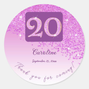 Falling Pink Glitter, 20th Birthday Thanks Classic Round Sticker