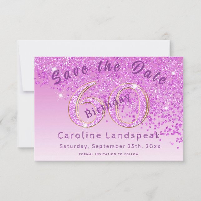 Falling Pink Glitter for 60th Birthday Save The Date (Front)