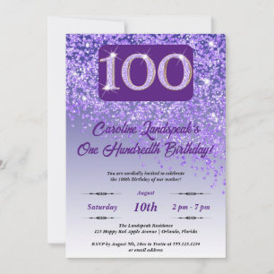 Falling Purple Glitter 100th Birthday Party Invitation
