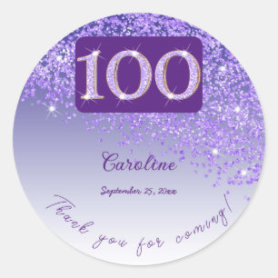 Falling Purple Glitter, 100th Birthday Thanks Classic Round Sticker