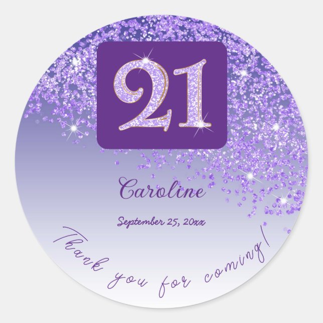 Falling Purple Glitter, 21st Birthday Thanks Classic Round Sticker (Front)