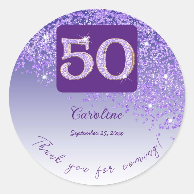 Falling Purple Glitter, 50th Birthday Thanks Classic Round Sticker (Front)