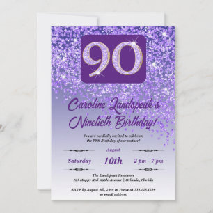 Falling Purple Glitter 90th Birthday Party Invitation