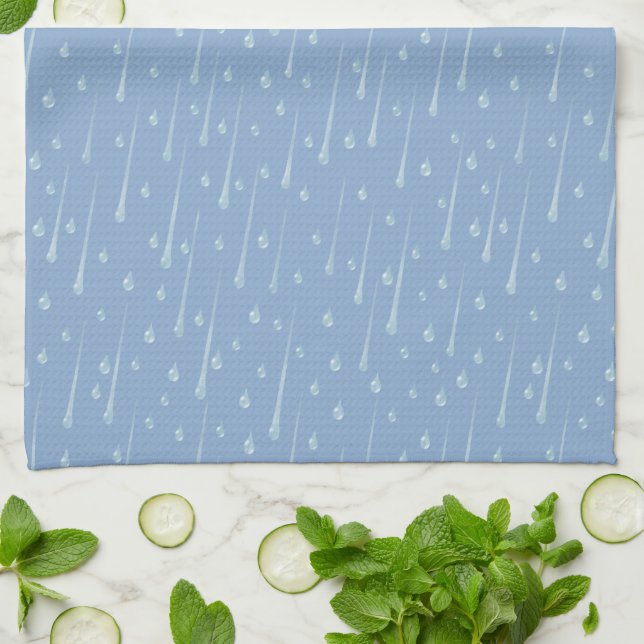 Falling Raindrops Cute Rainy Day Dusky Blue Tea Towel (Folded)