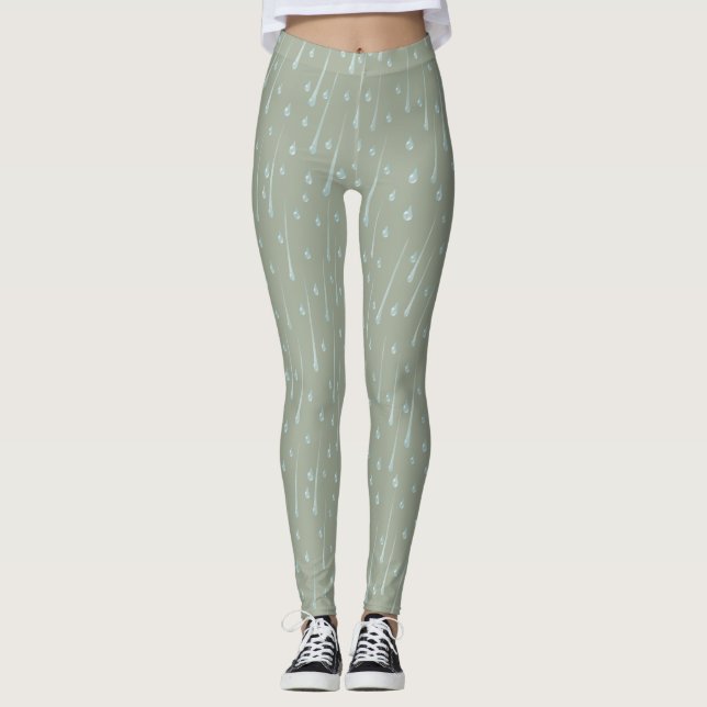 Falling Raindrops Cute Rainy Day Olive Green Leggings (Front)