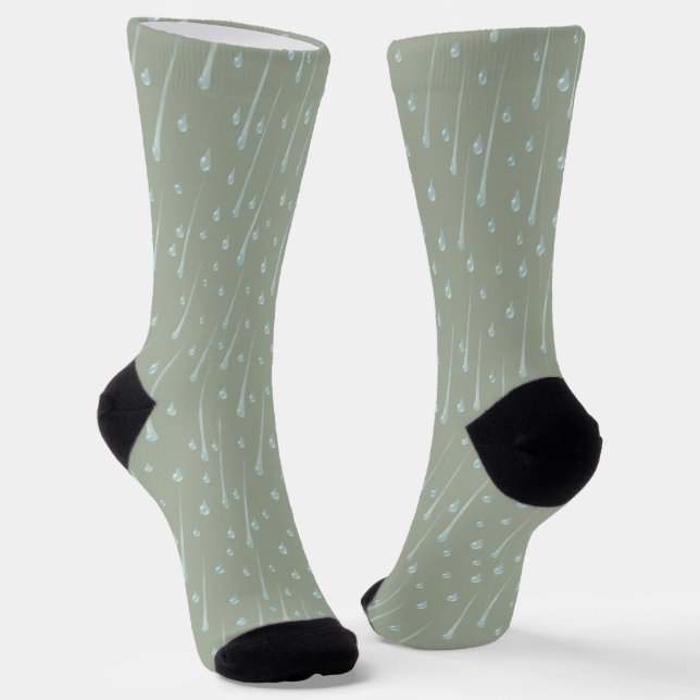 Falling Raindrops Cute Rainy Day Olive Green Socks (Angled)