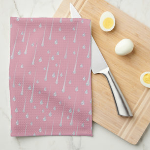 Falling Raindrops Cute Rainy Day Rose Pink Tea Towel