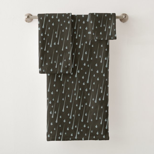 Falling Raindrops Cute Rainy Day Sepia Brown Bath Towel Set (Insitu)