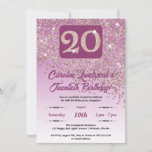 Falling Rose Gold Glitter 20th Birthday Party Invitation