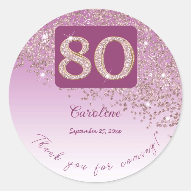 Falling Rose Gold Glitter, 80th Birthday Thanks Classic Round Sticker (Front)