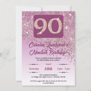 Falling Rose Gold Glitter 90th Birthday Party Invitation