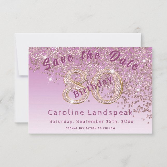 Falling Rose Gold  Glitter for 80th Birthday Save The Date (Front)
