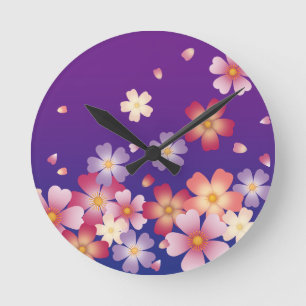 Falling Sakura Blossoms Japanese Blue & Purple Round Clock