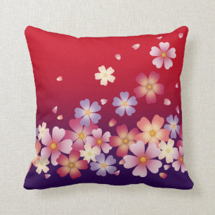 Falling Sakura Blossoms Kimono Style Red & Purple Cushion