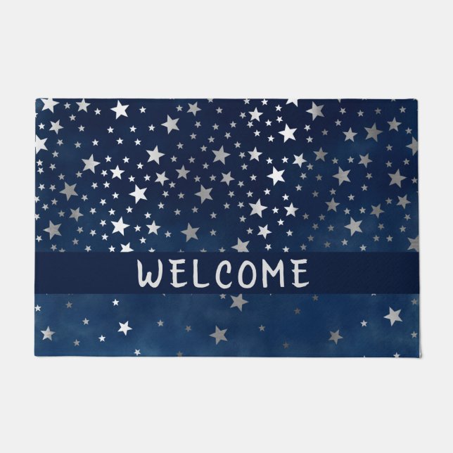 Falling Silver Stars Celestial Personalised  Doormat (Front)