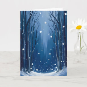 Falling Snow Blue Winter Forest Watercolor Painted Card