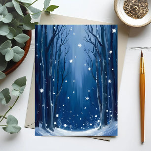 Falling Snow Blue Winter Forest Watercolor Painted Postcard
