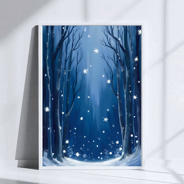 Falling Snow Blue Winter Forest Watercolor Painted Poster (Creator Uploaded)