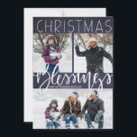 Falling snow Christmas blessings typography photo Holiday Card<br><div class="desc">Family winter holiday greeting card featuring three photos on a dark navy blue chalkboard background with white "Christmas Blessings" modern typography script. Falling snow by night on reverse.          Personalise it with your photos and signature!</div>