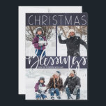 Falling snow Christmas blessings typography photo Holiday Card<br><div class="desc">Family winter holiday greeting card featuring three photos on a dark navy blue chalkboard background with white "Christmas Blessings" modern typography script. Falling snow by night on reverse.          Personalise it with your photos and signature!</div>
