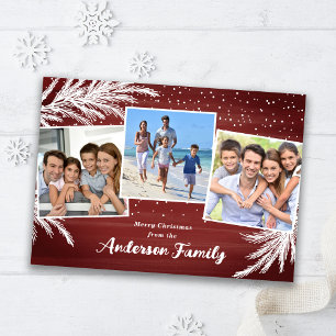 Falling Snow Evergreens Red 3 Photos Christmas Holiday Card