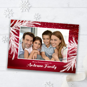 Falling Snow Evergreens Red Photo Christmas Holiday Card