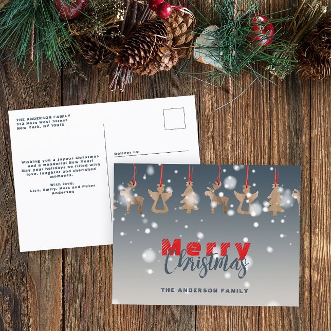 Falling Snowflakes and Wooden Ornaments Christmas  Holiday Postcard (Creator Uploaded)