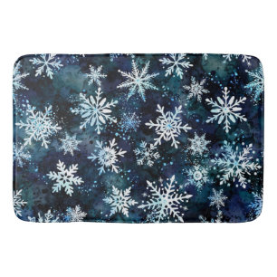 Falling Snowflakes Deep Blue Magical Winter Night Bath Mat