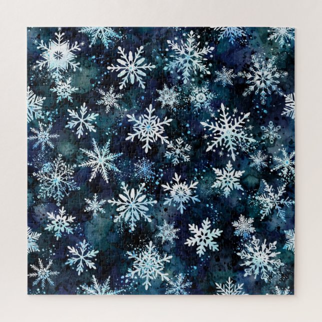 Falling Snowflakes Deep Blue Magical Winter Night Jigsaw Puzzle (Vertical)
