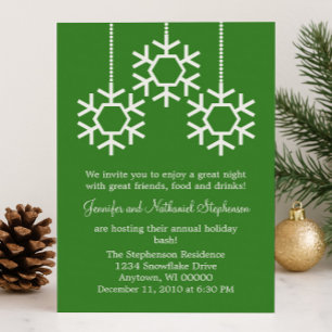 Falling Snowflakes Holiday Party Invite, Green Invitation