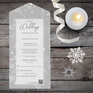 Falling Snowflakes on Grey with QR Code  All In One Invitation