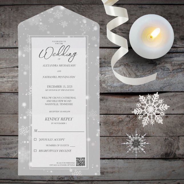 Falling Snowflakes on Grey with QR Code  All In One Invitation (Available without QR code. )