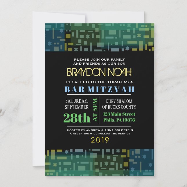 FALLING STARS & SQUARES Bar Bat Mitzvah Invitation (Front)