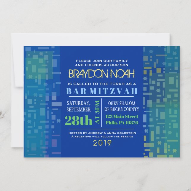FALLING STARS & SQUARES Bar Bat Mitzvah Invitation (Front)