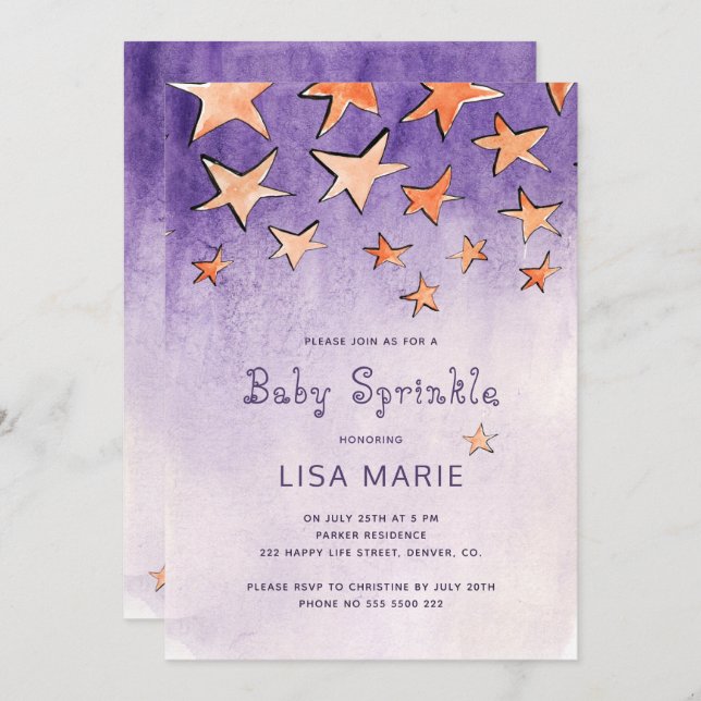 Falling stars watercolor purple baby sprinkle invitation (Front/Back)