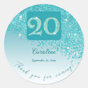 Falling Teal Blue Glitter, 20th Birthday Thanks Classic Round Sticker