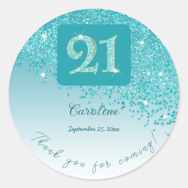 Falling Teal Blue Glitter, 21st Birthday Thanks Classic Round Sticker (Front)