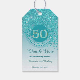 Falling Teal Blue Glitter 50th Birthday Gift Tags