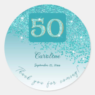 Falling Teal Blue Glitter, 50th Birthday Thanks Classic Round Sticker