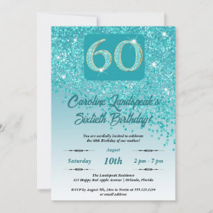 Falling Teal Blue Glitter 60th Birthday Party Invitation