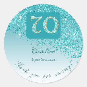Falling Teal Blue Glitter, 70th Birthday Thanks Classic Round Sticker