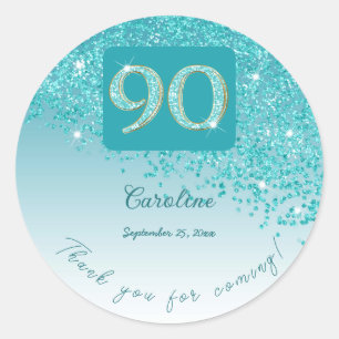 Falling Teal Blue Glitter, 90th Birthday Thanks Classic Round Sticker