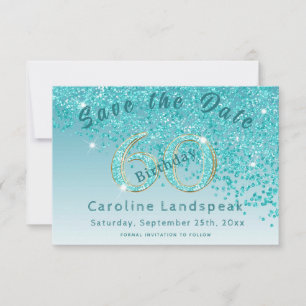 Falling Teal Blue Glitter for 60th Birthday Save The Date