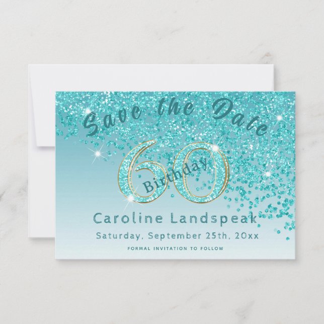 Falling Teal Blue Glitter for 60th Birthday Save The Date (Front)