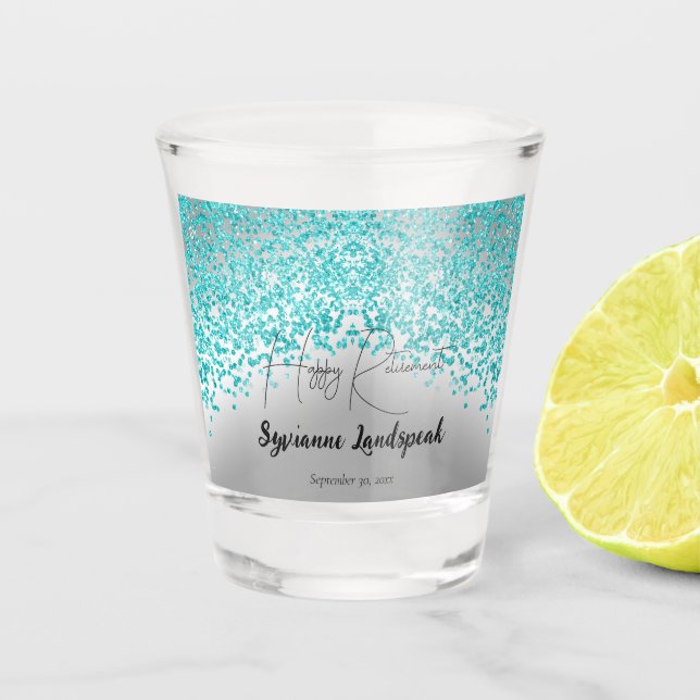 Falling Teal Blue Glitter & Silver Retirement  Shot Glass (Front)