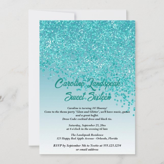 Falling Teal Blue Glitter Sweet Sixteen Invitation (Front)