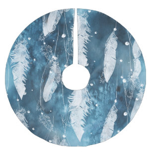 Falling white feathers, blue watercolor. brushed polyester tree skirt