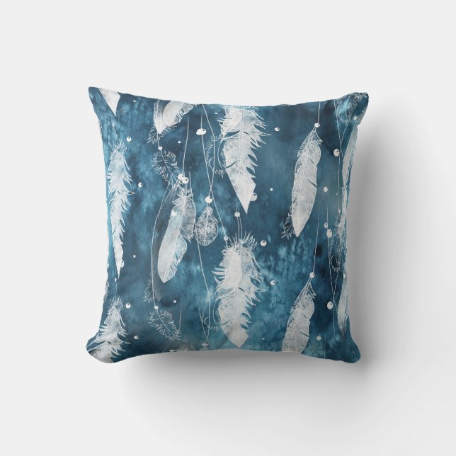 Falling white feathers, blue watercolor. cushion (Front)
