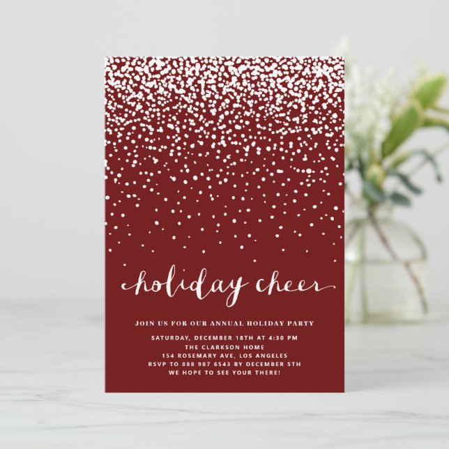 Falling White Snow | Red Holiday Party Invitation (Standing Front)