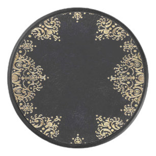 Falln Black And Gold Filigree Hockey Puck